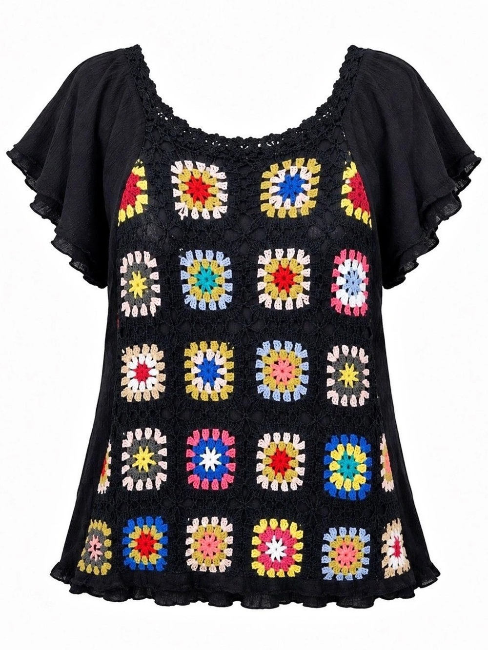 Umgee Black Multicolor Crochet Sleeve Top Floral Blouse Size Small